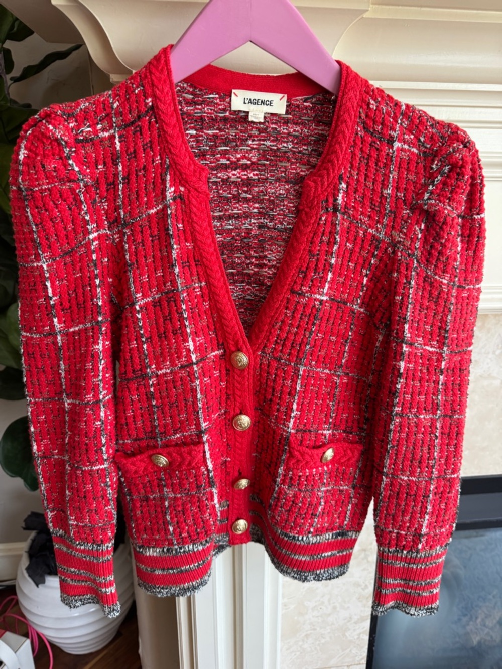 L'Agence Jenni Red Puff Sleeve  Cardigan Sweater XS